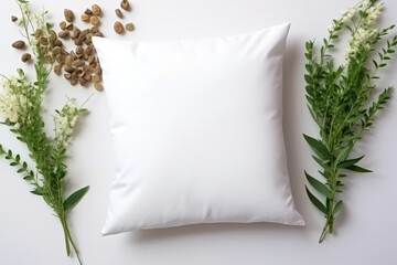 Pillow mockup on white background. White pillow on the background of home decor. Home cozy decor. Twigs, dried flower. Home aesthetics.