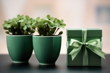 A green gift for St. Patrick's Day. Two green vases with flowers. Clover for good luck