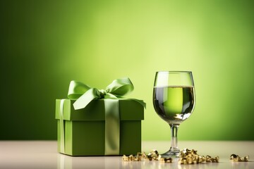 A glass of champagne on a green background. A gift for St. Patrick's Day. Gift box with green bow. A glass of white wine.