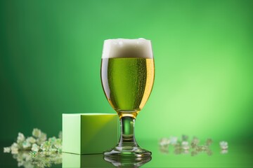 A glass of light beer on a green background. Patrick's Day. A glass of beer with foam on background of white petals. Luck