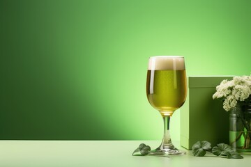 A glass of beer on a green background. Saint Patrick's Day. Gift box with bow on a green background. Clover for good luck.