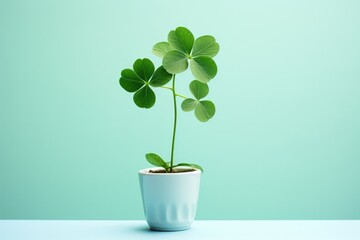 A flowerpot with a green plant. Shamrock in ground on a blue background. Clover for good luck. Saint Patrick's Day. Botany.