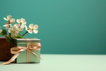 A green box with a bow on background of a vase with flowers. A pot with white flowers on a green background. Saint Patrick's Day.