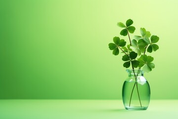 A glass vase with a green plant. Shamrock in water on  light background. Clover for good luck. Transparent vase with water. Saint Patrick's Day. Botany.