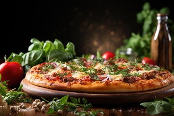 Meat pizza with olives on the background of ingredients. Olive oil. Italian food. Pizza on background of basil and tomatoes.