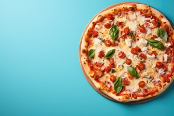 Delicious pizza top view. Pizza with chicken, onions and olives on blue background. Place for text. Tomatoes and basil next to a large pizza. Italian food.