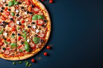 Delicious pizza top view. Pizza with chicken, onions and olives on a blue background. Place for text. Tomatoes and basil next to large pizza. Italian food.