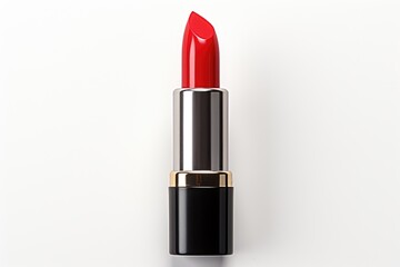 Red lipstick on a white background. Bright lipstick in black case. Lip balm. Cosmetic products. The sphere of beauty.