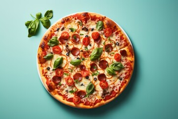 Delicious pizza top view. Pizza with chicken, onions and olives on blue background. Place for text. Tomatoes and basil next to a large pizza. Italian food.