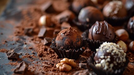 Close up of chocolate truffles with cocoa powder