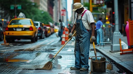 A street sweeper meticulously cleaning a city street, with broom and dustpan in hand, exemplifying the diligence and hard work of sanitation laborers on Labor Day.