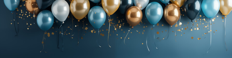 banner blue-gold metallic balloons with ribbons and sequins on a blue background