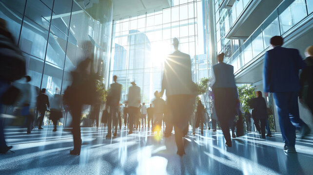 Long Exposure Shot Of Crowd Of Business People Walking In Bright Office Lobby Fast Moving With Blurry