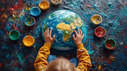 Hands of a child painting with paints the planet earth for earth day. Concept of creativity, future, sustainability and environment.