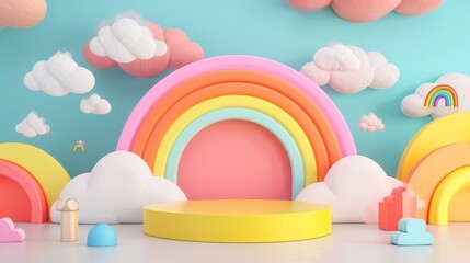 3D rendering podium kid style, colorful background, clouds and weather with empty space for kids or baby product - obrazy, fototapety, plakaty
