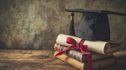 A mortarboard and graduation scroll, tied with red ribbon, on a stack of old battered book with empty space to the left. Slightly undersaturated with vignette for vintage effect