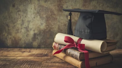  A mortarboard and graduation scroll, tied with red ribbon, on a stack of old battered book with empty space to the left. Slightly undersaturated with vignette for vintage effect © Orxan