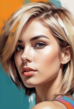 The image is a digital painting of a woman with blonde hair and brown eyes. She has a strong jawline and full lips. Her hair is styled in a short, choppy bob. The background is colorful