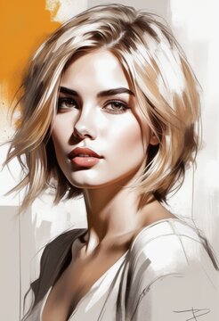 The image is a digital painting of a woman with blonde hair and brown eyes. She is wearing a white top and has a slight smile on her lips. The background is a mix of white, orange, and grey.