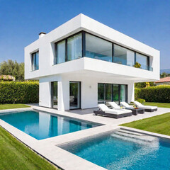 Fototapeta premium Modern villa exterior design, huge floor-to-ceiling windows, white walls, a huge swimming pool in the courtyard, and green grass, high-end villa scenery 