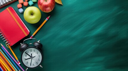 Banner Concept Back To School Alarm Clock Color Chalk Pencil Apple Notebook Stationery on Green Blackboard Background. Design Copy Space Supplies Top View Flat Lay
