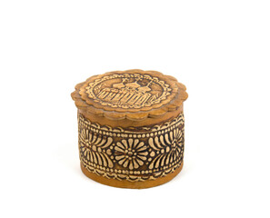 Birch bark small round jewelry box isolated on a white background.