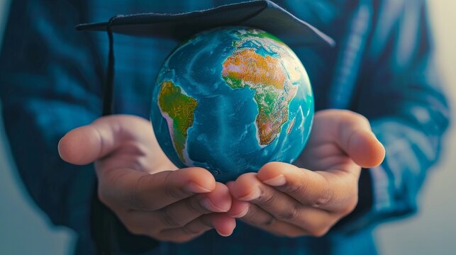 Education in Global world, Graduation cap on Businessman holding Earth globe model map with Radar background in hands. Concept of global business study, abroad educational, Back to School