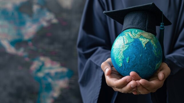 Education in Global world, Graduation cap on Businessman holding Earth globe model map with Radar background in hands. Concept of global business study, abroad educational, Back to School