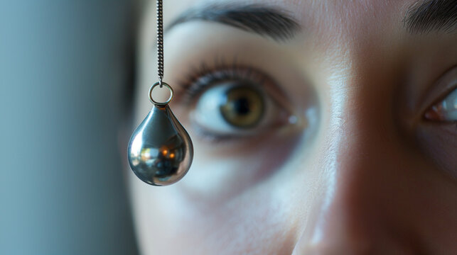 A close-up of a woman's face as she gazes mesmerized at a hypnotic metal piece swinging in front of her eyes