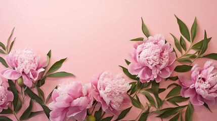 Fototapeta na wymiar Joyful Celebration with Vibrant Peony Flowers and Green Leaves on Pink Pastel Banner - Festive Floral Concept for Spring and Summer Holidays
