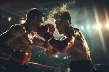 Dynamic fighter in intense boxing championship, showcasing skill, strength, and determination in a high-stakes and thrilling sports competition - obrazy, fototapety, plakaty
