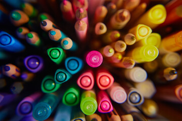 Colored pencils and markers top view. School supplies, materials for creativity, art, drawing....