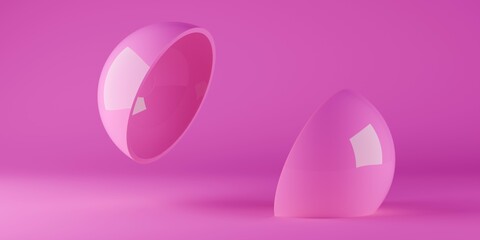 Two abstract pink geometrical hemisphere primitives over pink background, modern minimal geometry template with copy space