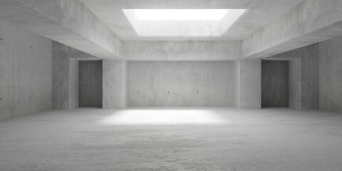 Abstract empty, modern concrete room with ceiling opening, beams and pillars around the walls and rough floor - industrial interior background template