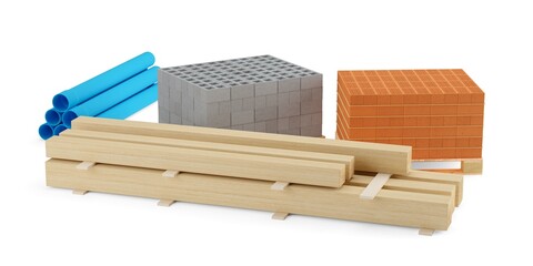 Collection of building or construction materials, bricks, concrete bricks, pvc pipes and wood beams, over white background