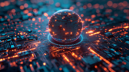 Electronic Circuit Board Illuminated with Christmas Lights and Decorations at Night, Hi-tech global illuminated