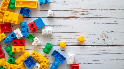 Top view on multicolor toy bricks on white wooden background. Children toys on the table - obrazy, fototapety, plakaty