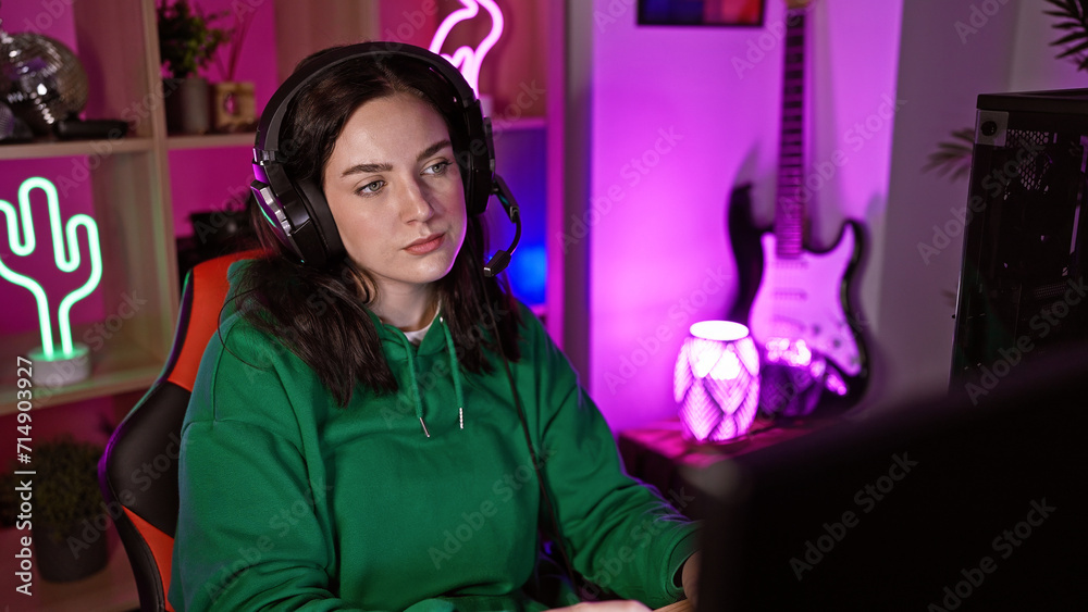 Sticker A focused young woman wearing headphones in a vibrant gaming room with neon lights at night.