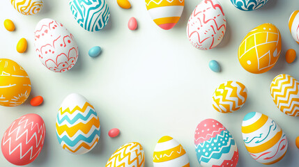 Festive Easter Eggs: Easter Eggs Adorned With Vibrant Patterns And Cheerful Colors Against A Light Background. Copy Space