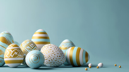 Easter Elegance: Pastel Eggs with Golden Stripes And Patterns With Soft Blue Background. Copy Space