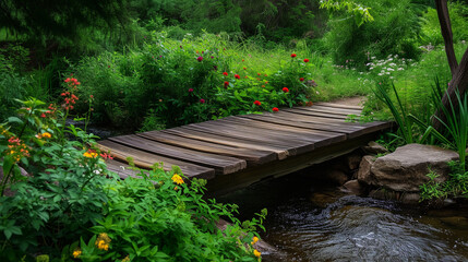 Fototapeta premium A rustic wooden bridge over a gently flowing stream, surrounded by lush greenery and blooming wildflowers. 