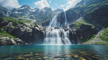 High in the mountains, a cascading waterfall plunges into a pristine alpine lake surrounded by towering peaks. The sheer force of the water and the untouched surroundings create a