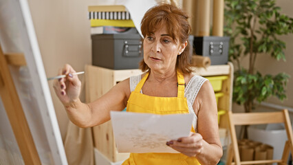 Mature woman painting in an art studio wearing a yellow apron