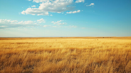 A vast expanse of golden grassland in the Australian Outback stretches to the horizon, where a solitary kangaroo grazes. The untouched and expansive nature of the landscape showcas