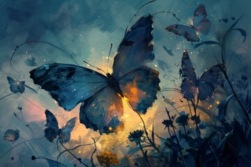 Ethereal twilight butterflies, their wings shimmering with the colors of dusk and dawn - Generative AI