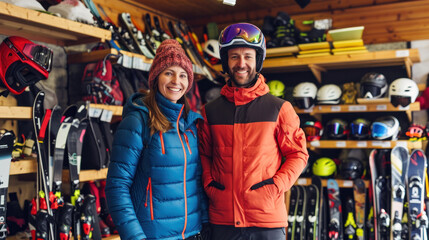 Happy family choosing ski equipment in a specialized sports store.