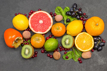 Set of varied, multicolored exotic fruits