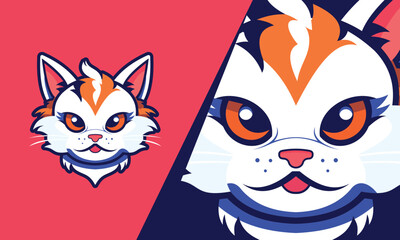 cute cat head vector white orange color with pink background suitable for logo, esport, web etc.
