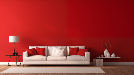 minimalist living room with red wall. generative ai
