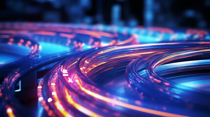 High-speed fiber optic cables with light trails - obrazy, fototapety, plakaty